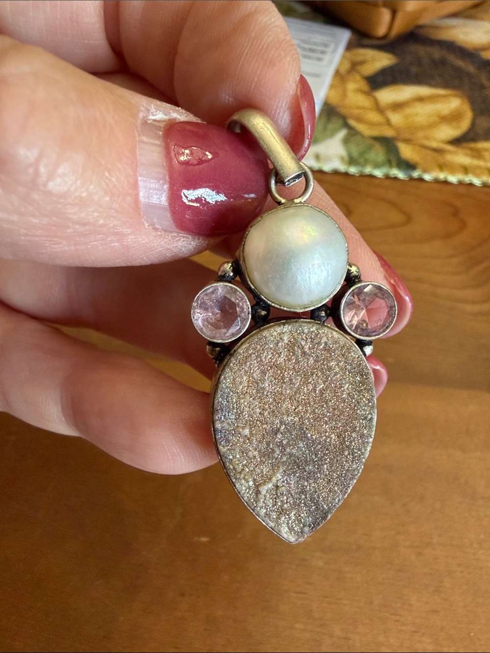 Pearl, Pink Crystal & Druzy Teardrop Pendant Necklace - Feminine Sparkle